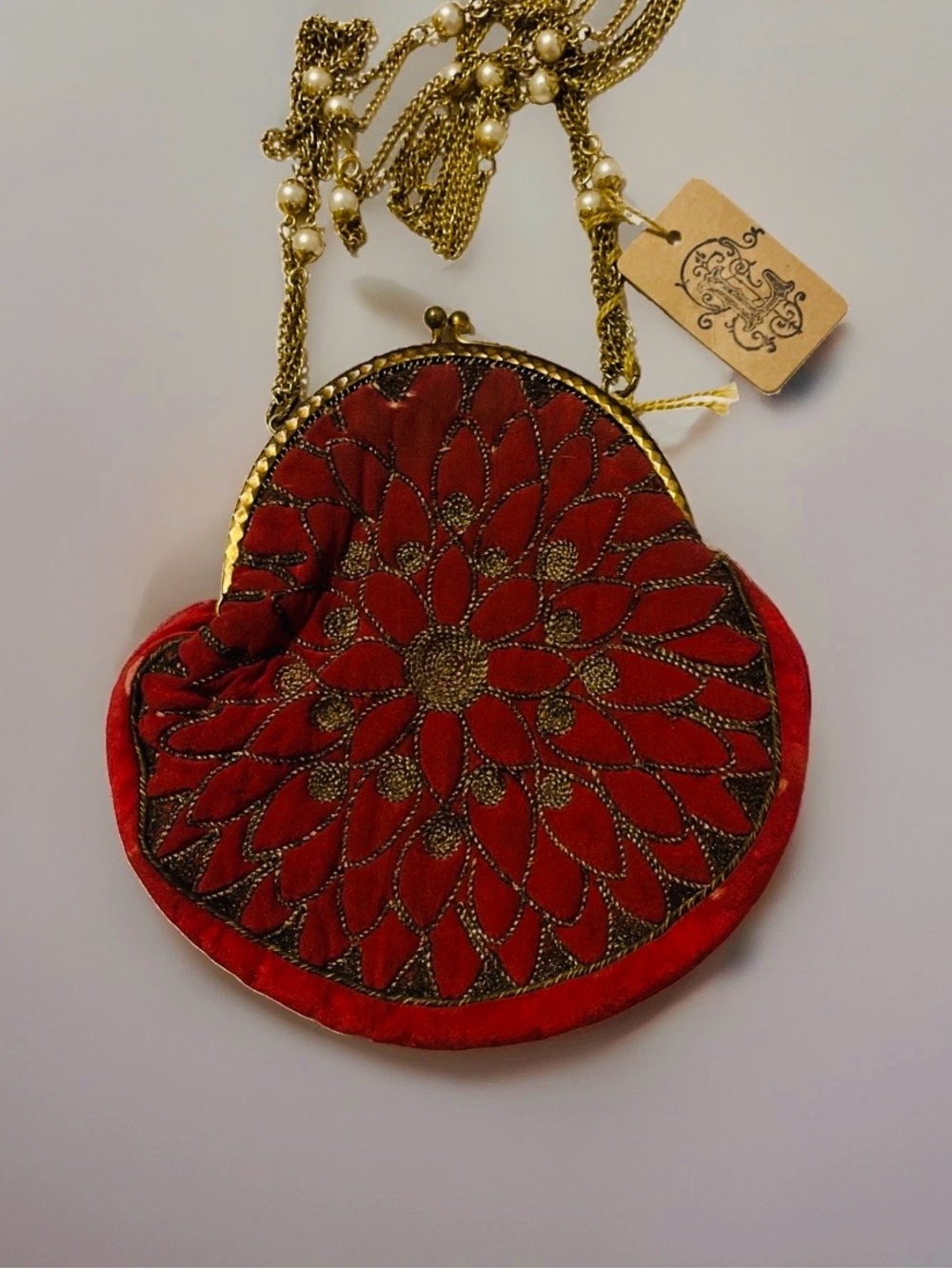 Vintage Women’s Burgundy Embroidered Bag W/ Brass Frame & Long Chain Coin Purse